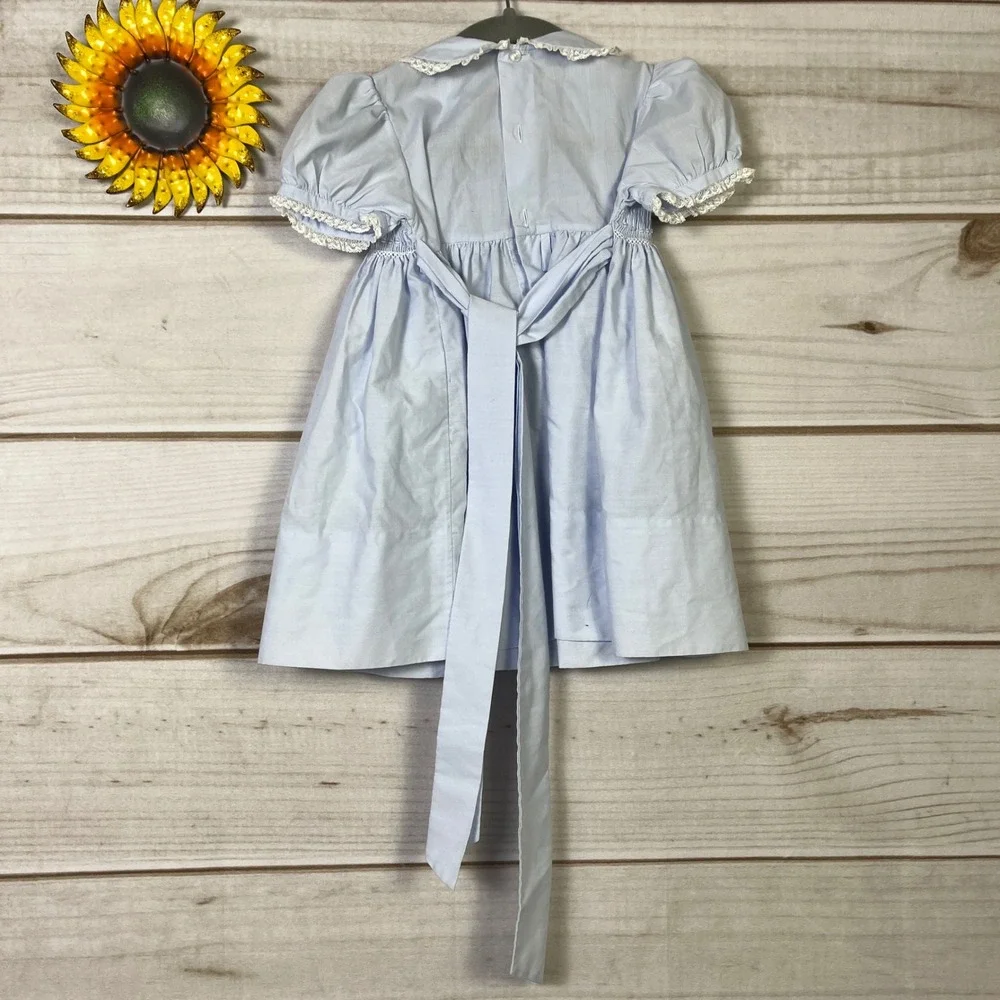 Vintage Feltman Bros Light Blue Smocked Baby Dress Puff Sleeves Lace 18M Cotton